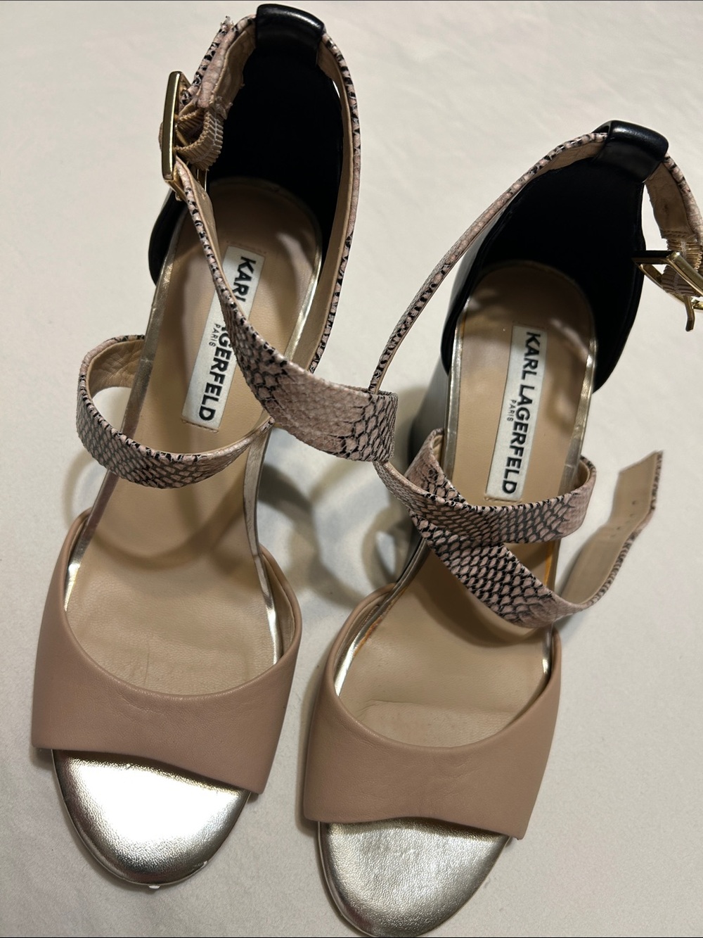 Karl Lagerfeld Nude & Snake-Print Strap Heels with Metallic Toe